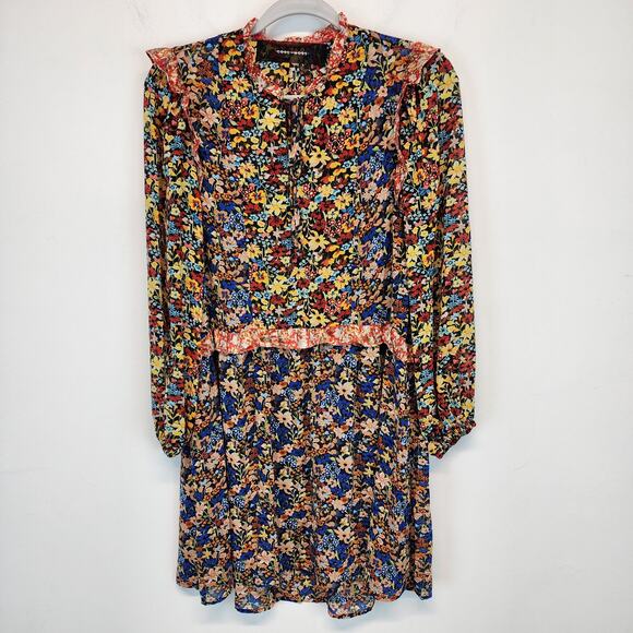Code x Mode Floral Dress Size S Colorful Sheer Chiffon Ruffle V-Neck Peasant - Picture 1 of 11